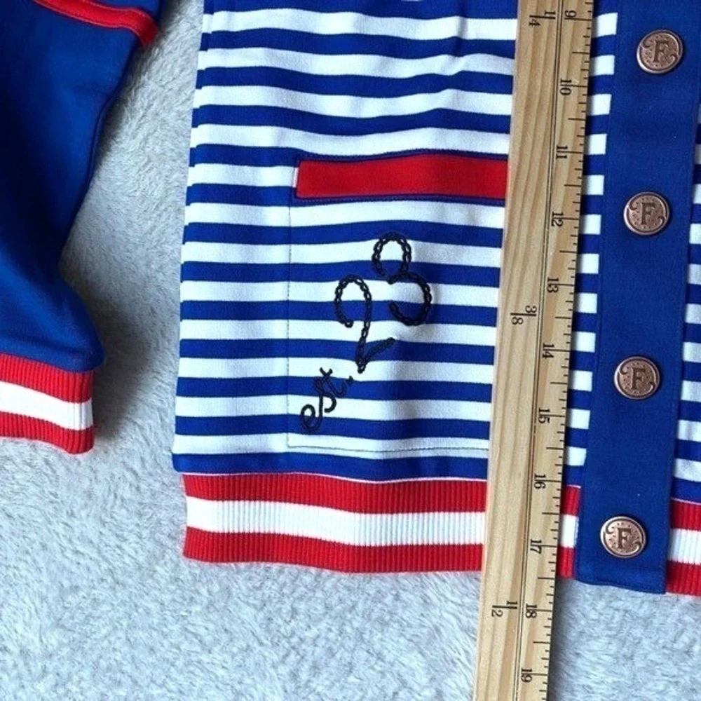 Finding Foxtale Girls Varsity Bomber Jacket‎ 8 Navy Striped Strawberry Blokecore